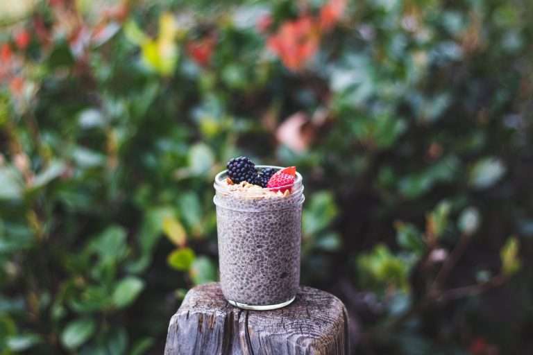 glass of chia pudding sitting on a tree