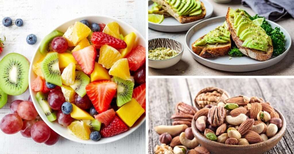 Collage of healthy foods including a bowl of mixed fruit salad, avocado on toast, and a bowl of mixed nuts.