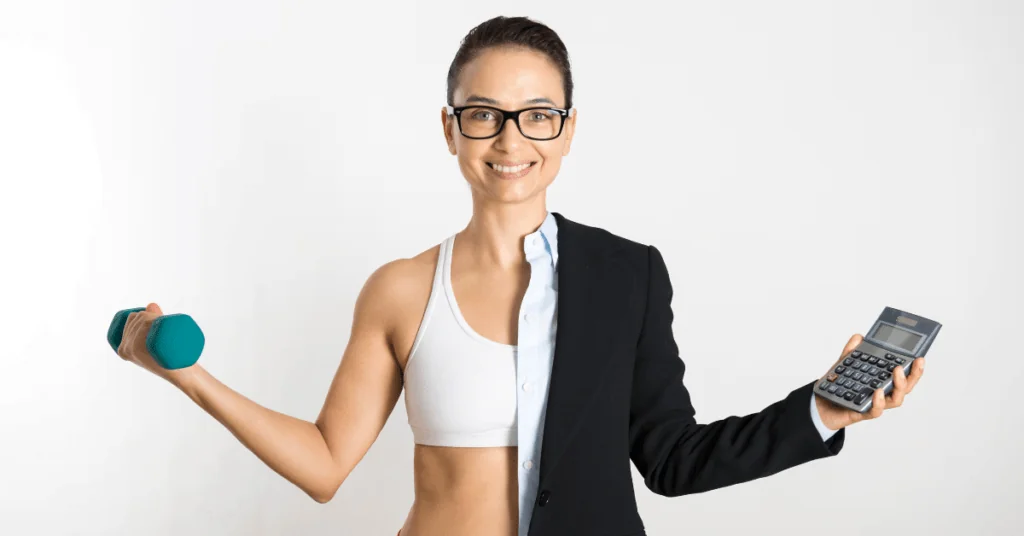 women half healthy in active wear holding a weight and the other half in a business suit holding a calculator