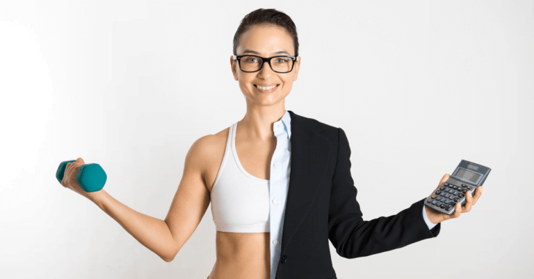 women half healthy in active wear holding a weight and the other half in a business suit holding a calculator