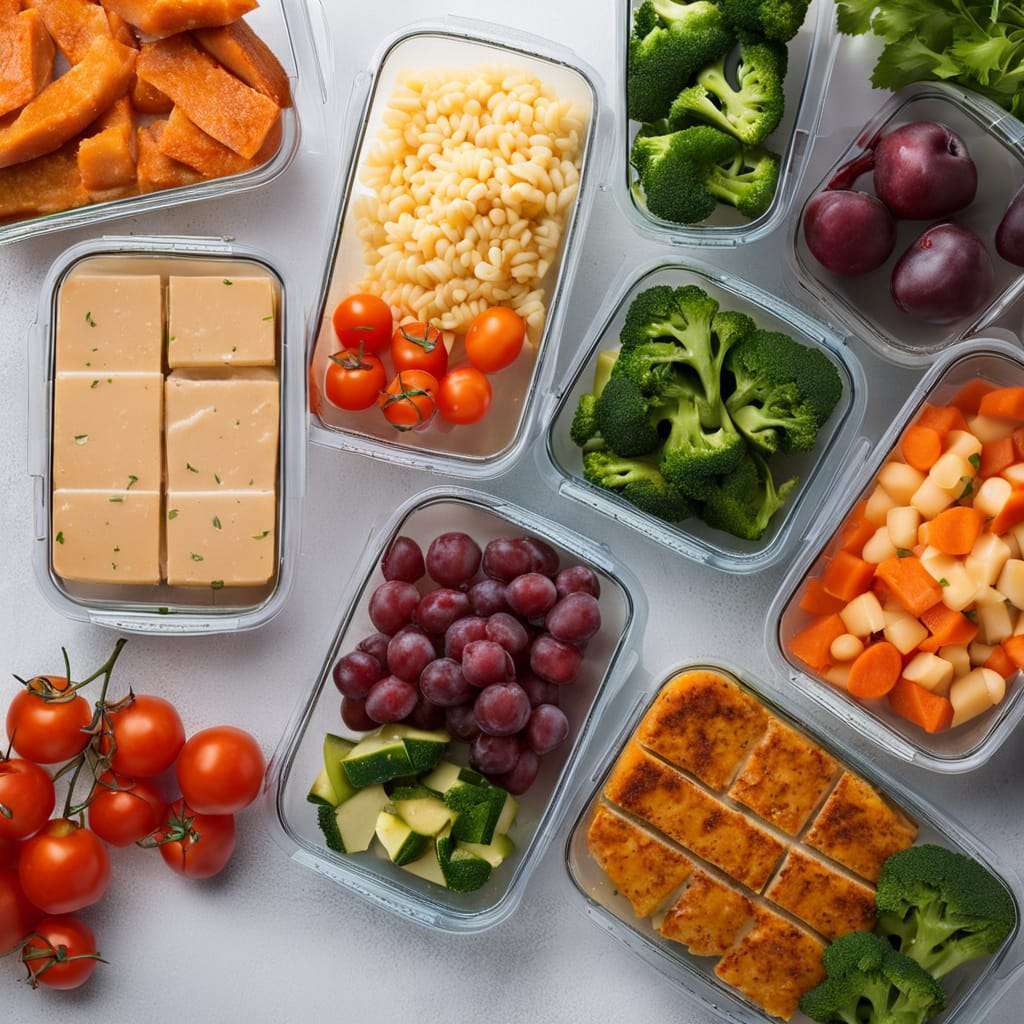 A row of containers with portions of frozen meals, highlighting the idea of preparing meals in advance to be stored in the freezer for a quick and healthy solution on hectic days.