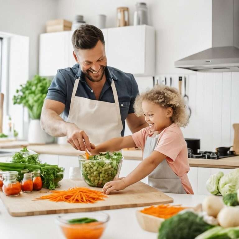 Father and child happily preparing a healthy salad together in a bright kitchen