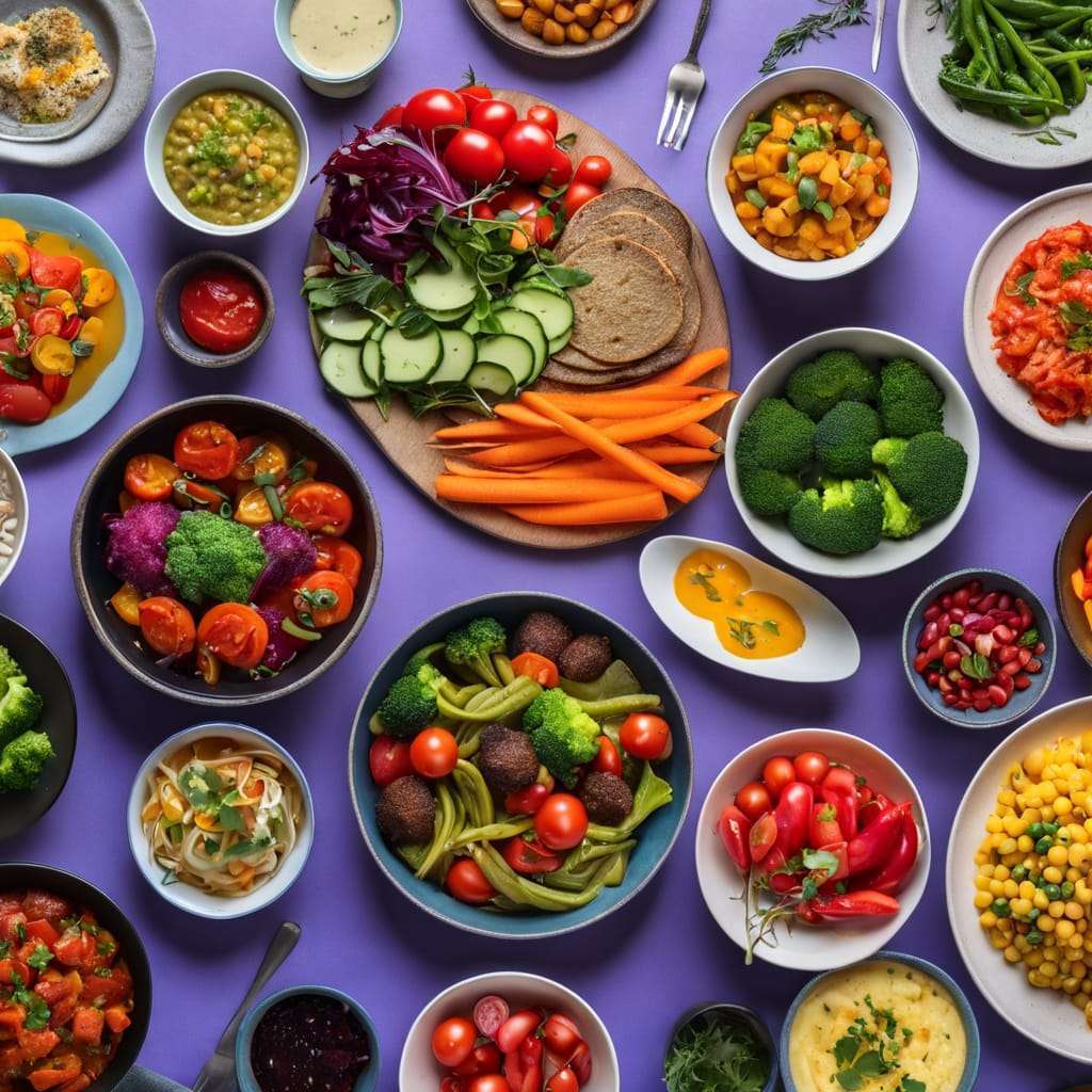 A table filled with a variety of fruits, vegetables, grains, and legumes, representing the diversity of ingredients in plant-based dishes.