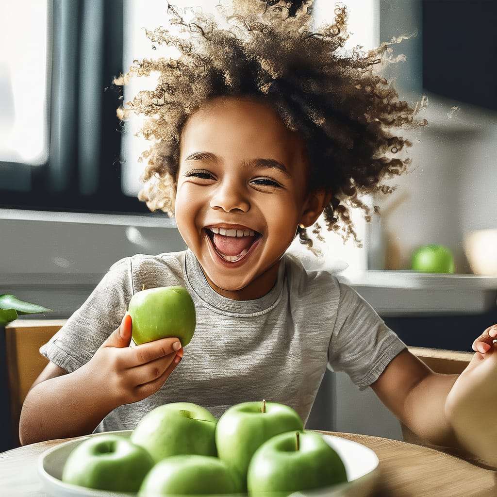 A happy child enjoying one of the healthy snacks mentioned in your article, such as a slice of apple.